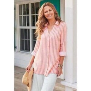 Soft Surroundings Women's Escambia Gauze Pink Stripe Tunic Shirt Size M